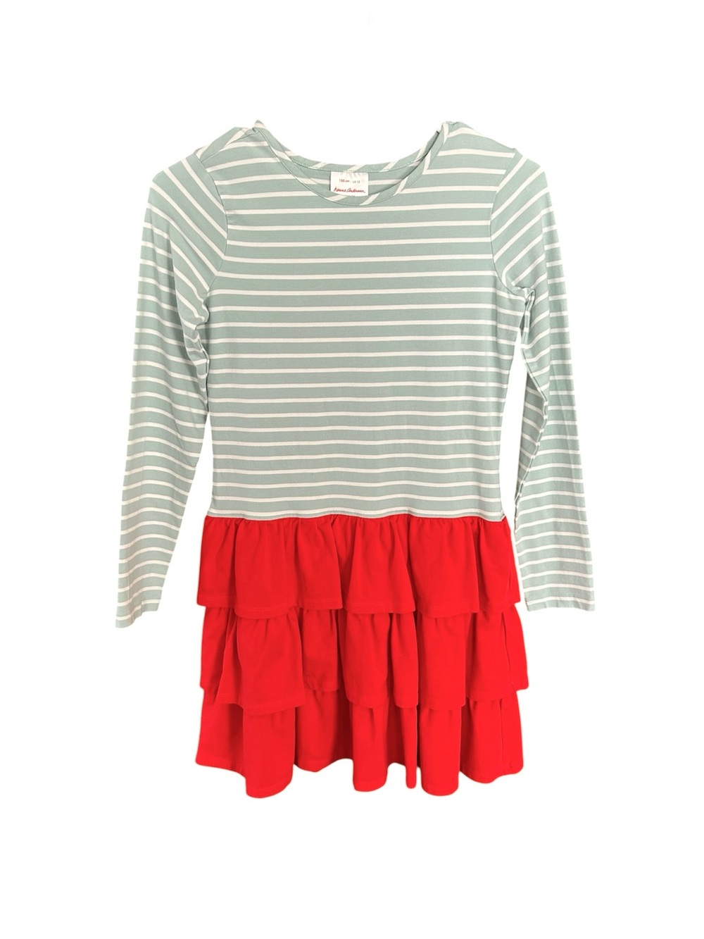 Hanna Andersson Blue Stripes Red Tiered Ruffles Stretchy LS Dress Sz 150 (12)